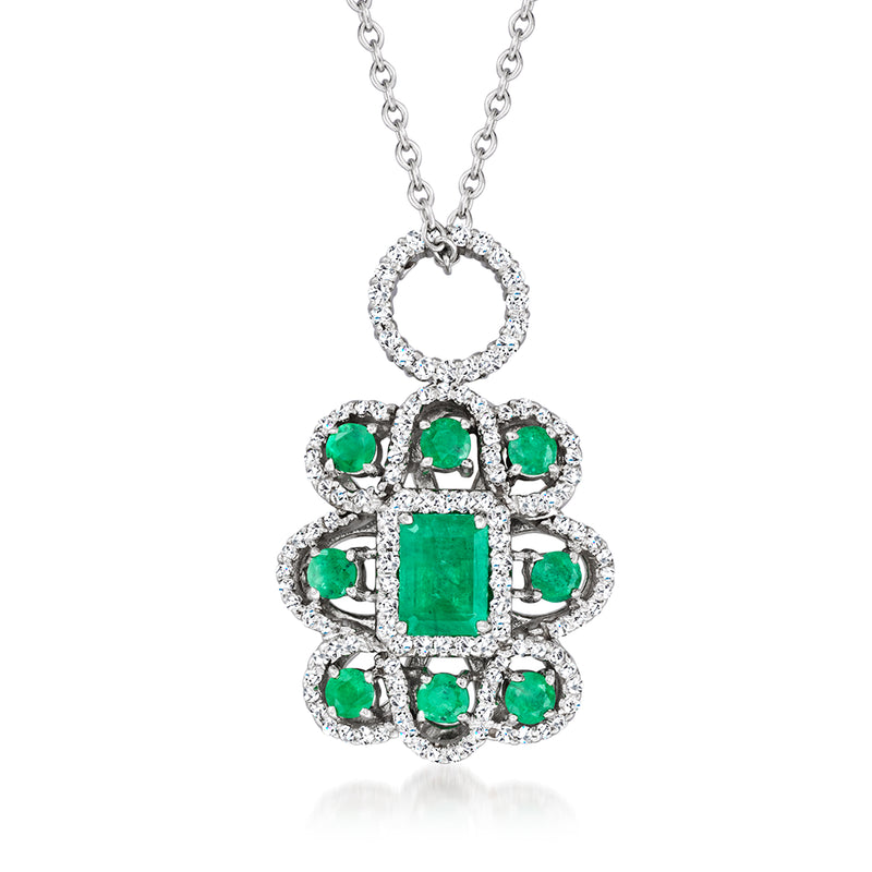 Gemstone and diamond pendant necklace with green center square and round halos