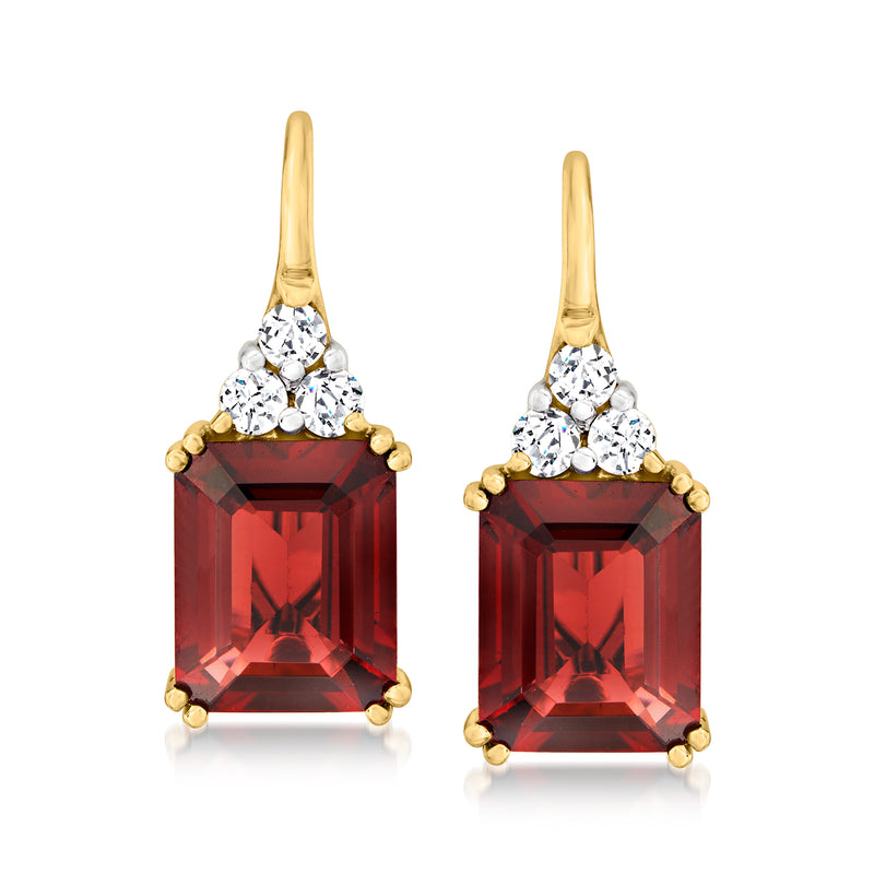 14kt yellow gold leverback drop earrings with red garnet and white diamond clusters