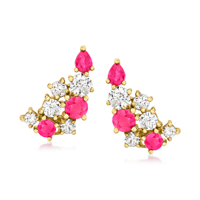 14kt yellow gold cluster earrings with pink ruby and clear diamond stones, post backs