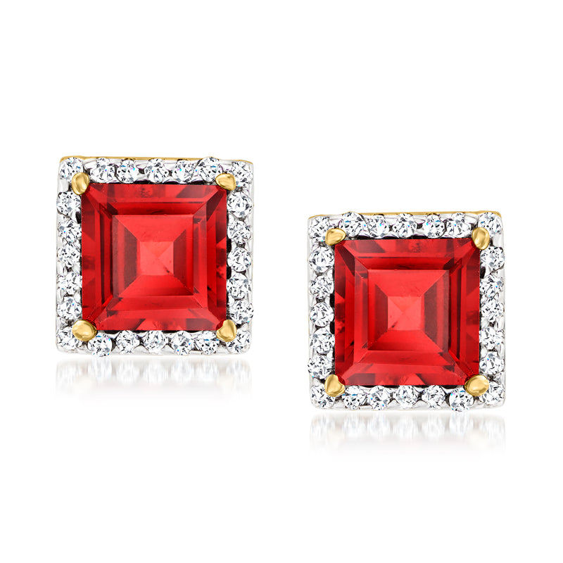 Square red garnet stud earrings with diamond halo and yellow gold corner accents