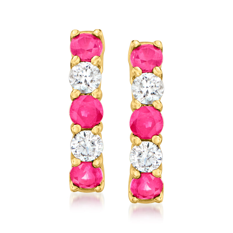 14kt yellow gold hoop earrings with alternating pink rubies and white diamonds