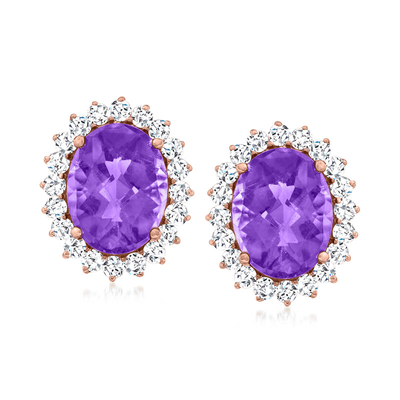 Amethyst and diamond oval halo stud earrings in 14kt rose gold, post backs