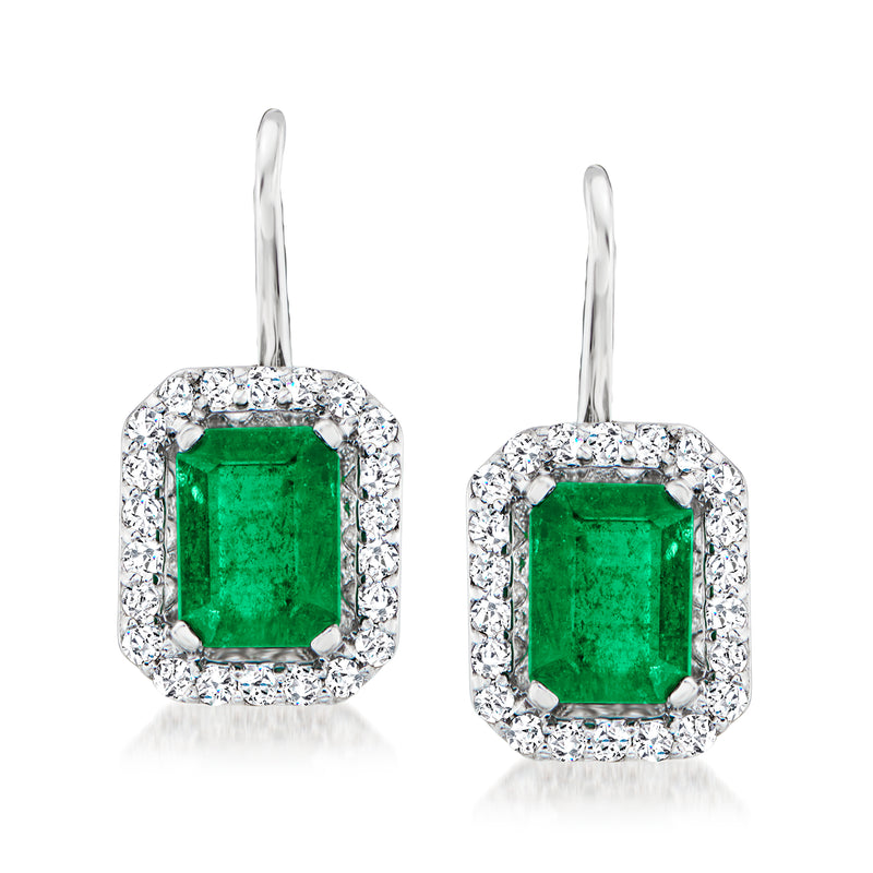 Emerald-cut green gemstone stud earrings, 14kt white gold with diamond halo and posts