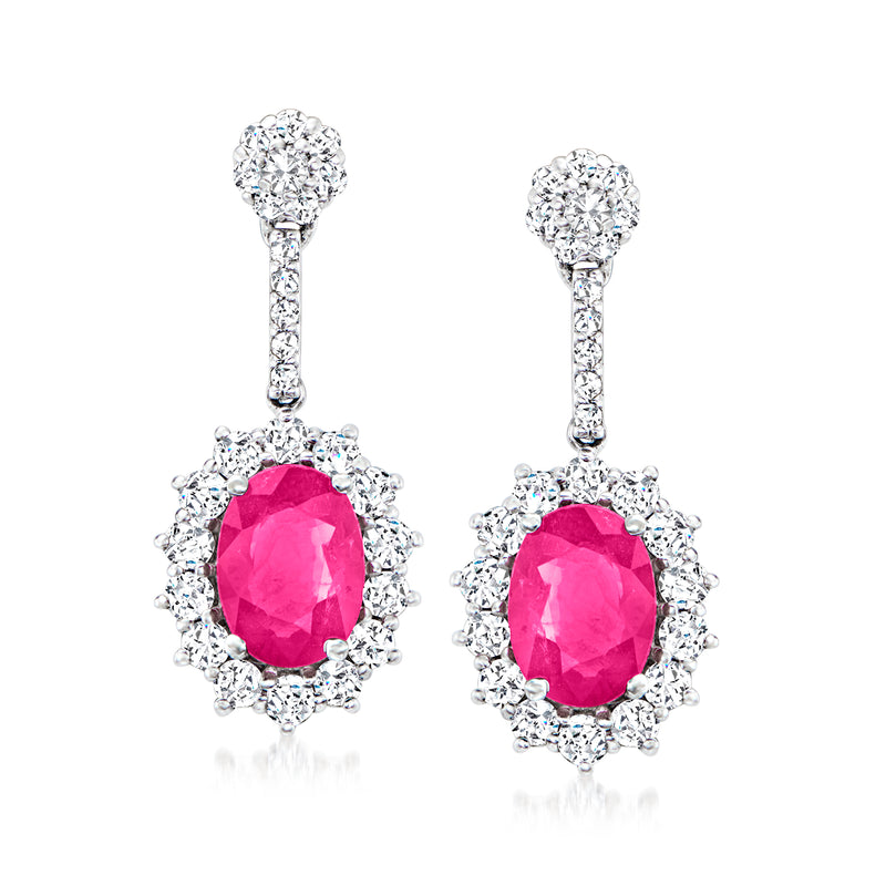 14kt white gold ruby and diamond drop earrings, oval pink ruby with diamond halo