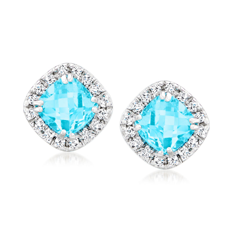 14kt white gold blue topaz stud earrings with diamond halo