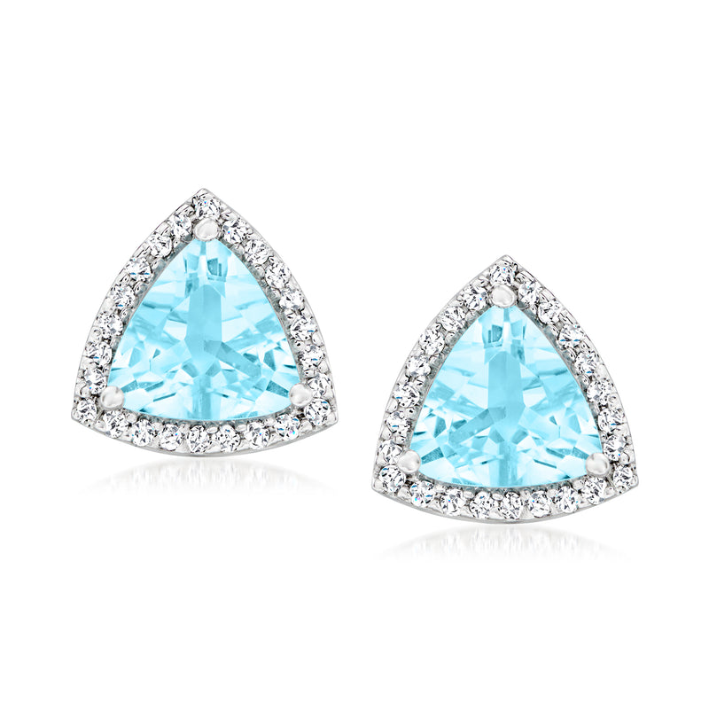 Triangular aquamarine and diamond stud earrings in white gold, post backs