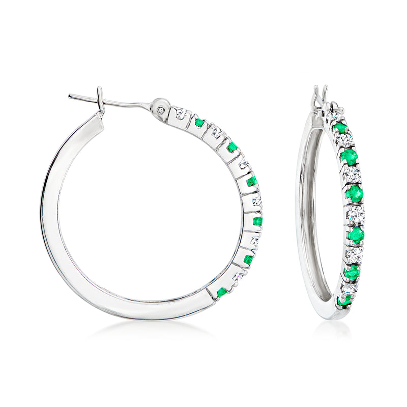 14kt white gold hoop earrings with green emerald and clear diamond accents