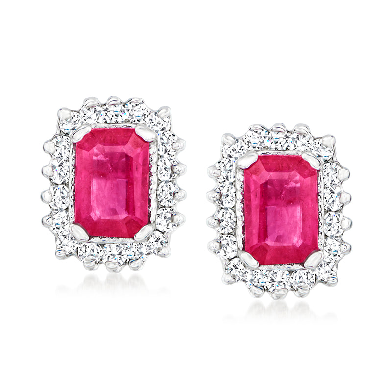 Pink ruby and diamond halo stud earrings, 14kt white gold, square-cut center stones