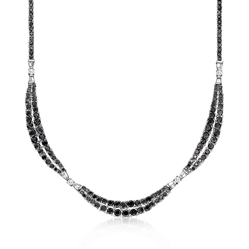 Black and white diamond station necklace in 14kt white gold, curved rows on chain