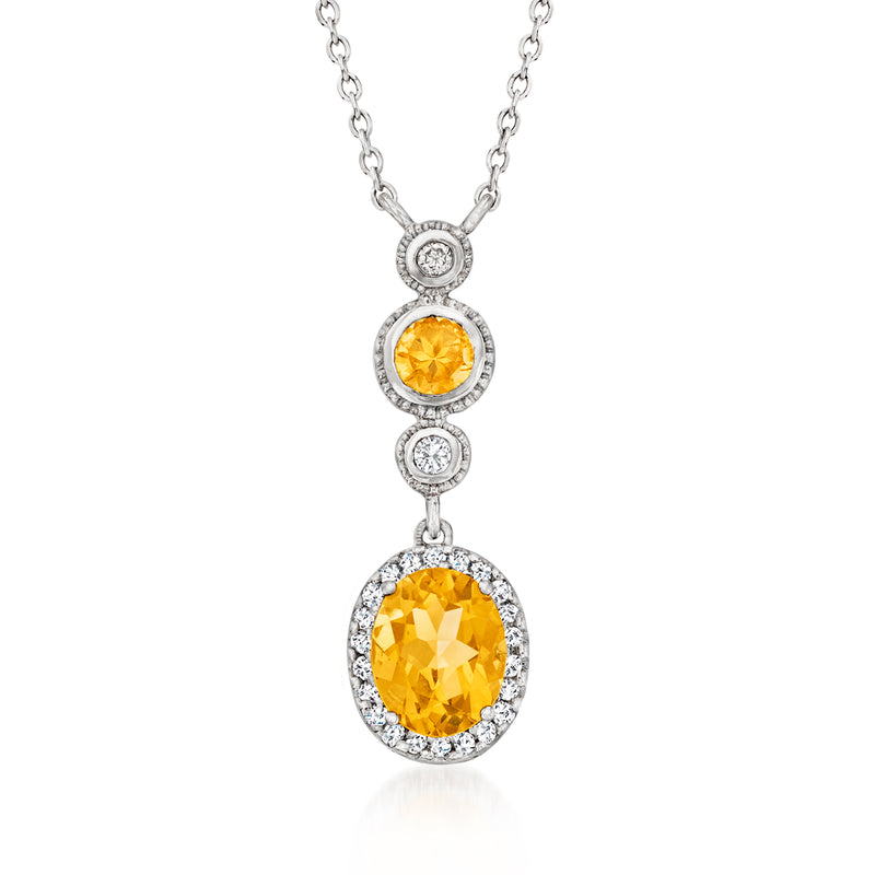 14kt white gold necklace with round citrine pendant and diamond halo accents