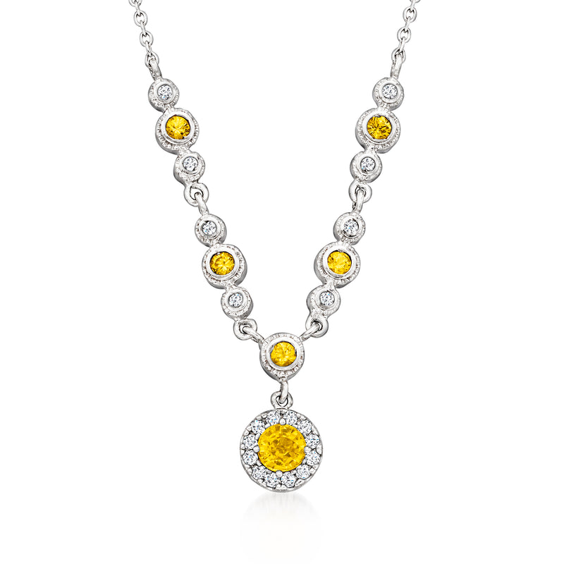 14kt white gold necklace with round yellow sapphire and diamond halo links