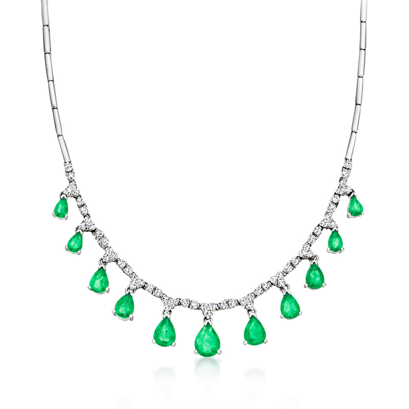 14kt white gold necklace with emerald teardrop drops and diamond accents