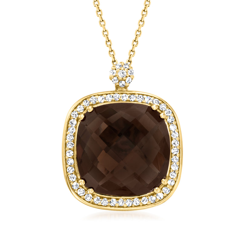 Oval smoky quartz pendant necklace in 14kt yellow gold with diamond halo and chain