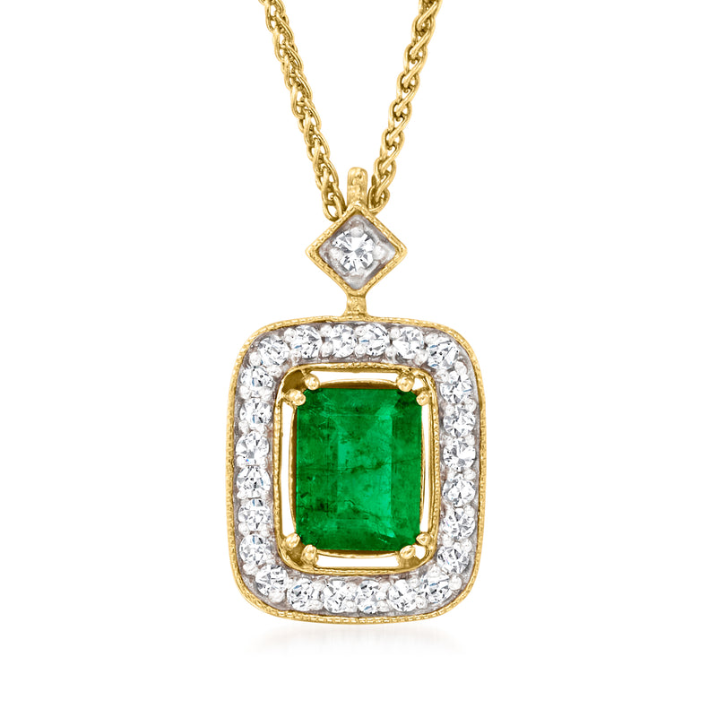 14kt yellow gold emerald and diamond pendant necklace with emerald-cut center stone
