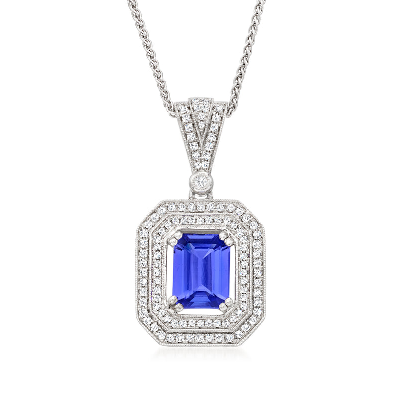 14kt white gold pendant necklace with blue square tanzanite center and diamond halo