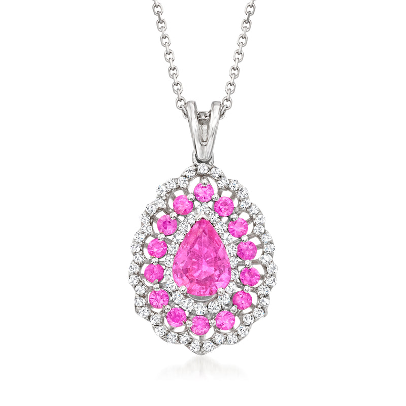 White gold pendant necklace with pink teardrop sapphire and diamond halo