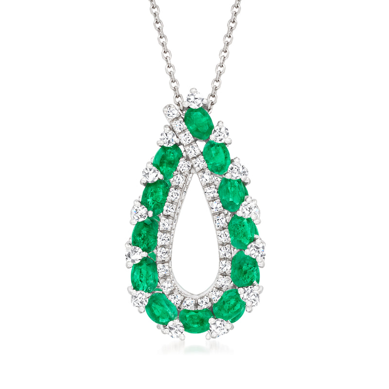Teardrop pendant necklace in 14kt white gold with emerald-green stones and diamond accents