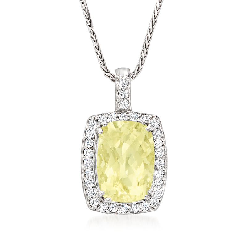Yellow quartz pendant necklace in 14kt white gold with diamond halo and rope chain