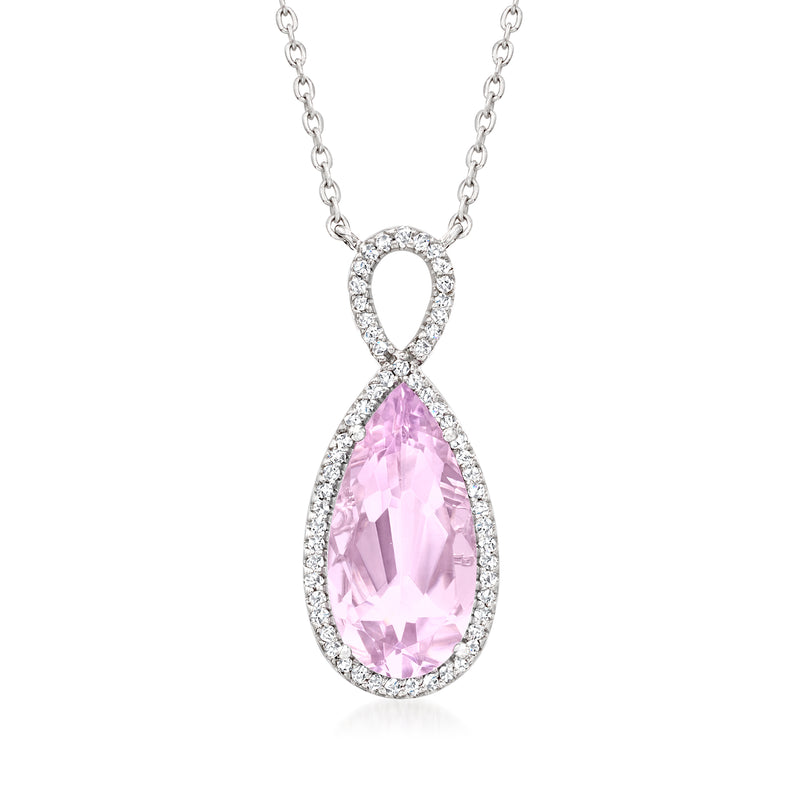 White gold teardrop amethyst pendant necklace with diamond halo and link chain