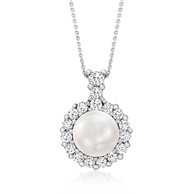 Cultured pearl pendant necklace with round pearl and diamond halo in white gold
