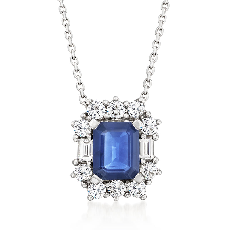 14kt white gold sapphire and diamond pendant necklace with blue square center and halo