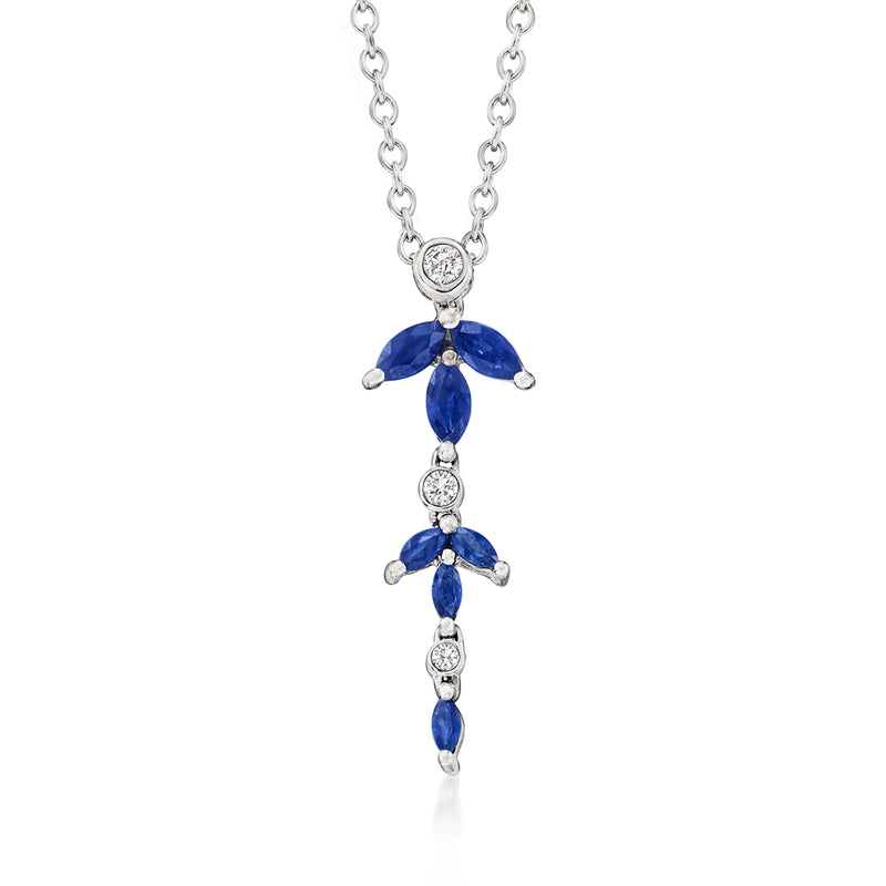 White gold necklace with blue sapphire teardrop pendant and diamond accents