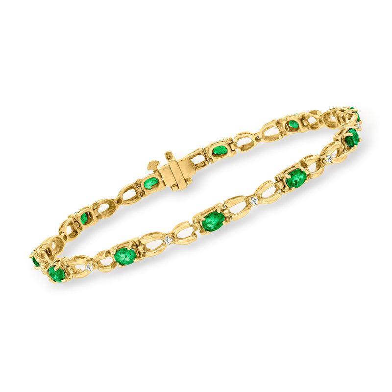 14kt yellow gold X-link bracelet with emerald-green gemstones and small diamond accents