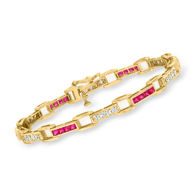 14kt yellow gold bracelet with ruby and diamond rectangular section links