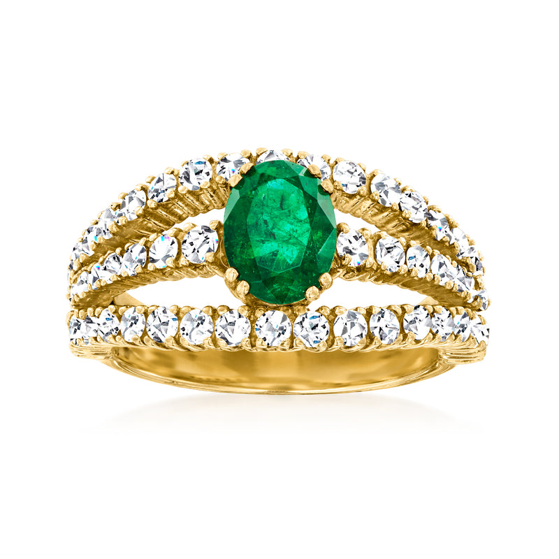 14kt yellow gold three-row diamond ring with emerald-green oval center stone