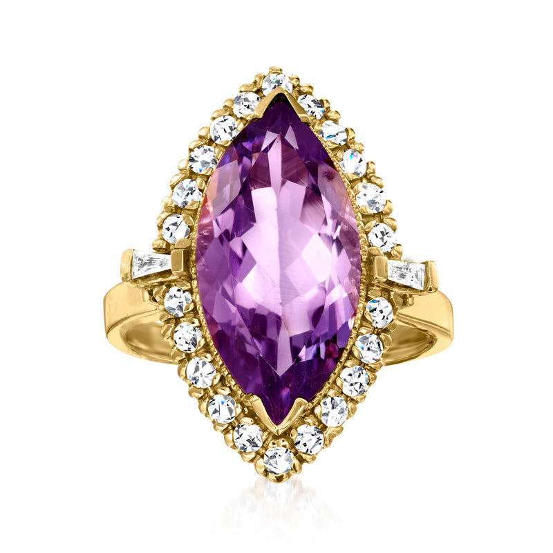 14kt yellow gold ring with oval amethyst center and diamond halo