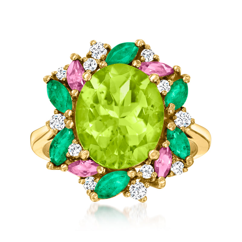 14kt yellow gold ring with large green center, pink and green stones, diamond accents
