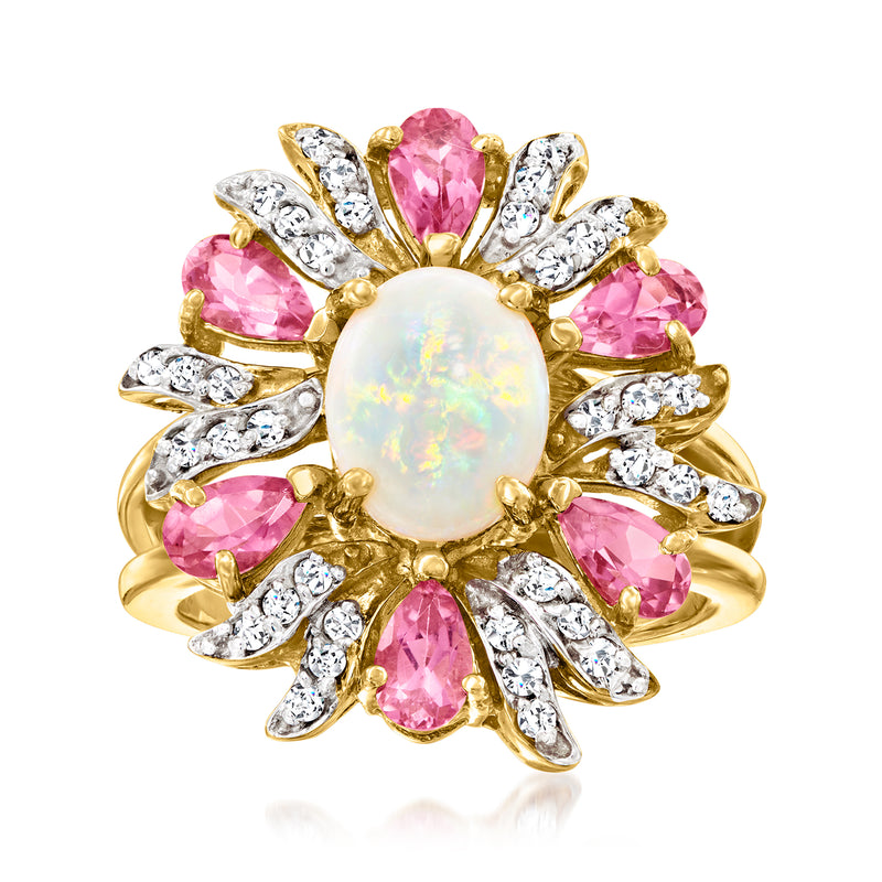 14kt yellow gold ring with opal center, pink gemstones and diamond accents