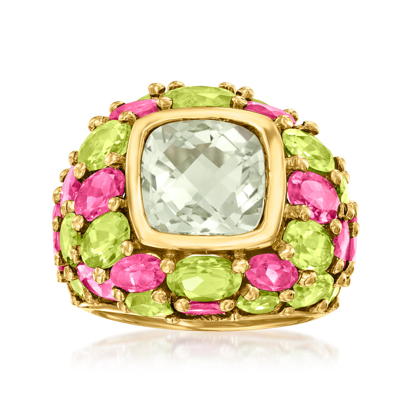 14k yellow gold ring with square pale green gemstone and pink and green gemstone halo