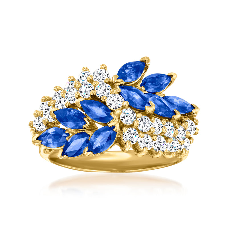 14kt yellow gold leaf ring with blue marquise sapphires and round diamonds