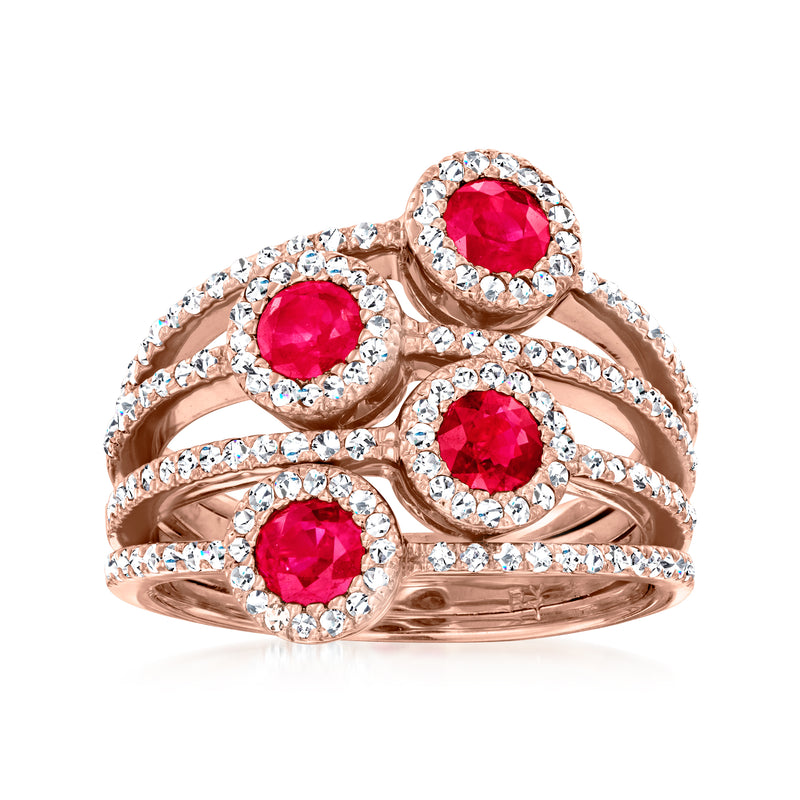 14kt rose gold multi-row ring with three ruby-style oval gemstones and diamond halos