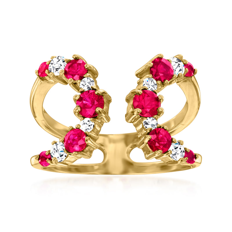 18kt rose gold open-space cuff ring with oval ruby and round diamond accents