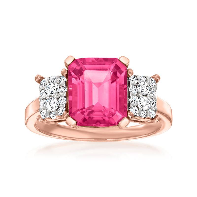 14kt rose gold ring with large pink square-cut tourmaline and diamond side clusters