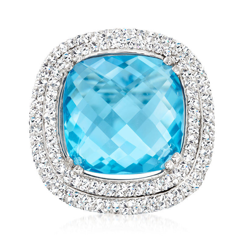 14kt white gold ring with cushion-cut Swiss blue topaz and diamond halo