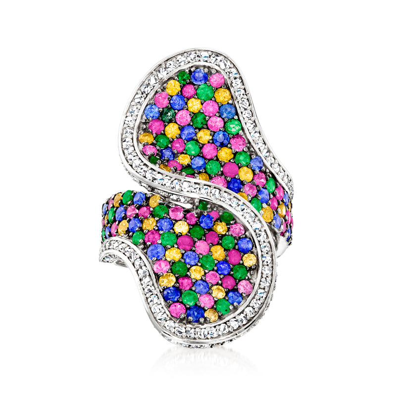 14kt white gold bypass ring with multicolor gemstones and diamond accents