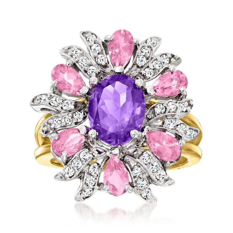 Two-tone gold ring with oval purple amethyst center, pink gemstones and diamond accents