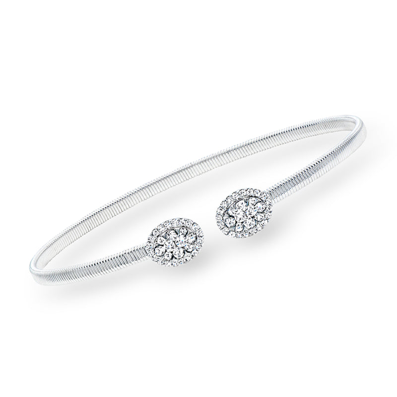 14kt white gold diamond cuff bracelet with two round cluster settings