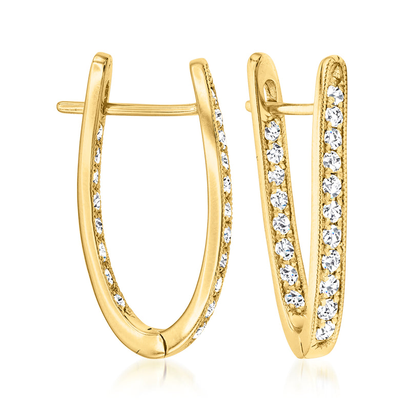 14kt yellow gold oval hoop earrings with diamonds on inside and outside