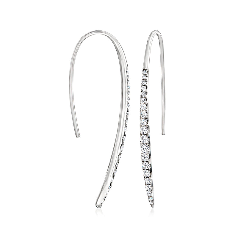 Diamond linear drop earrings in 14kt white gold, angled with earwire hooks