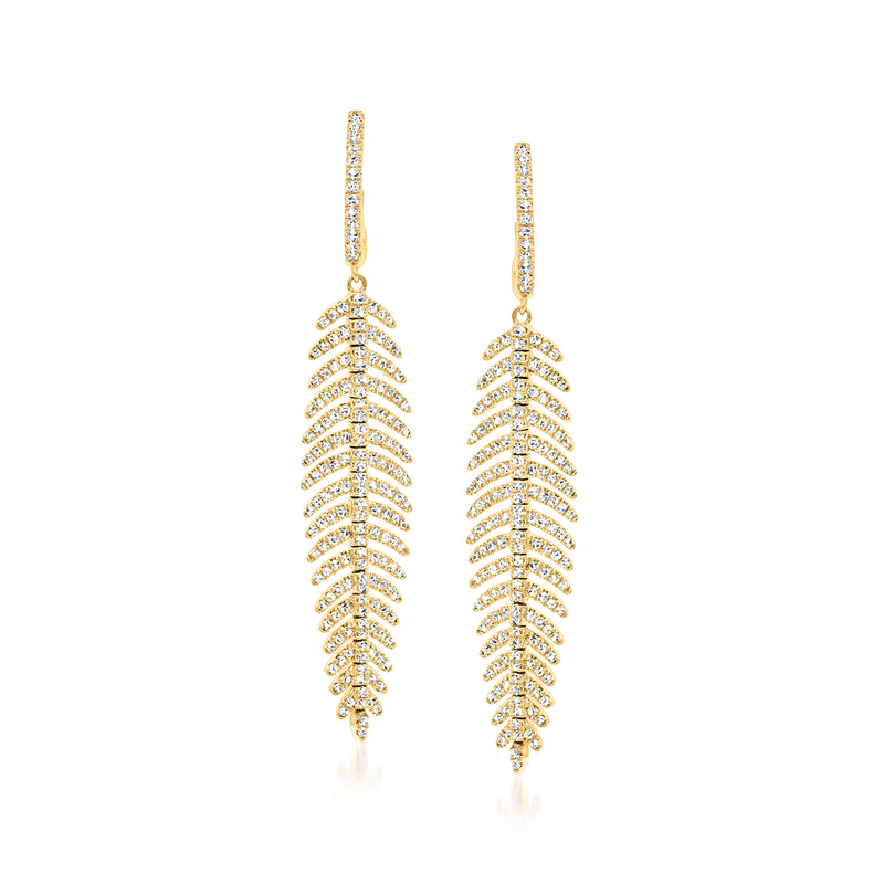 Diamond feather drop earrings in 14kt yellow gold with leverback tops