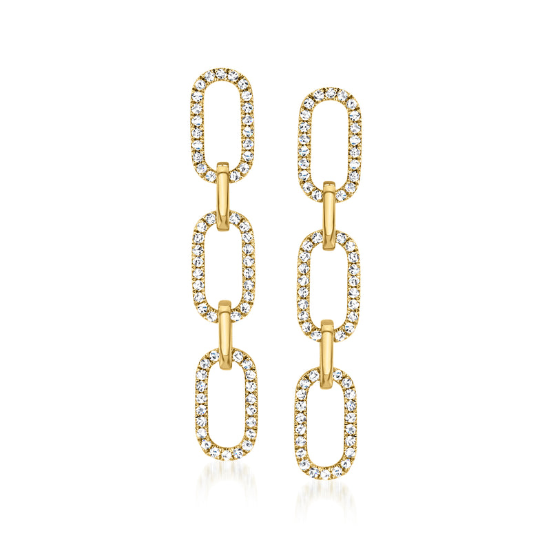 14kt yellow gold diamond oval-link drop earrings, post back, three oval links