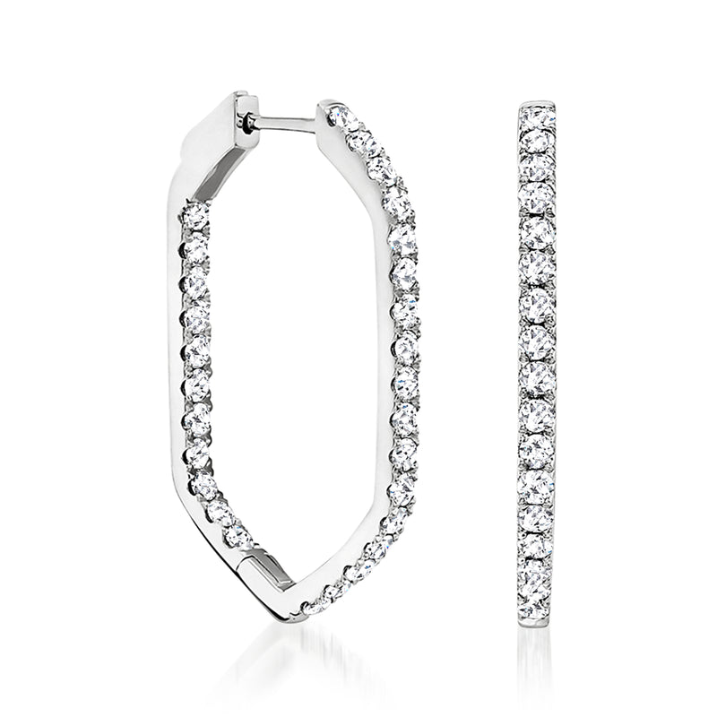 Geometric diamond hoop earrings in white gold, shown open and side views
