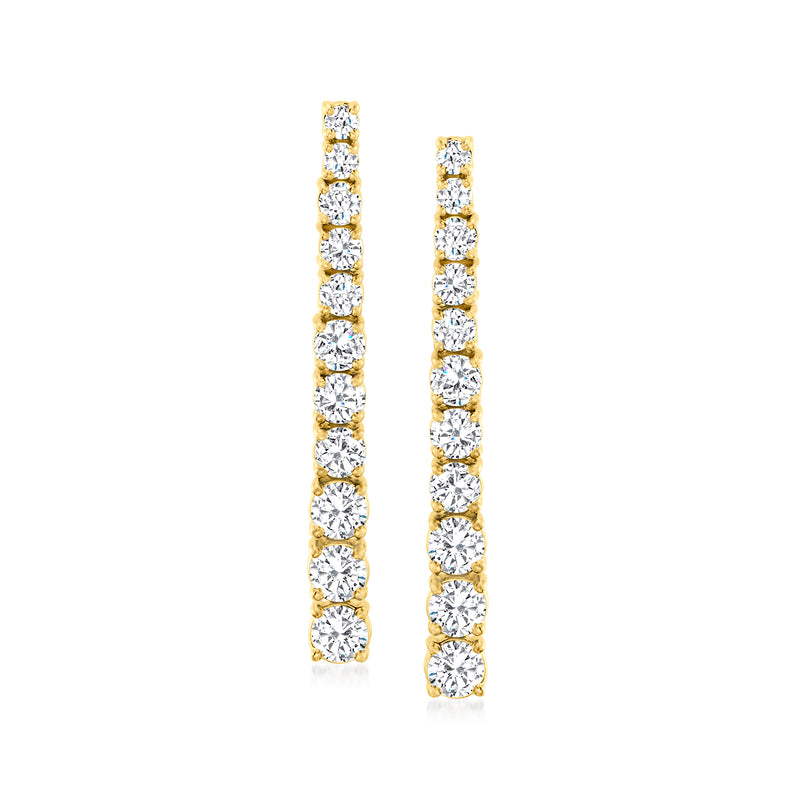14kt yellow gold graduated linear diamond drop post earrings, two rows of round stones