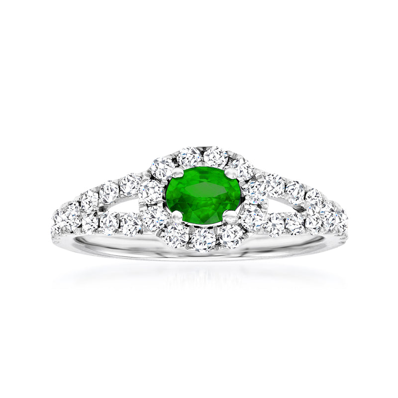 14kt white gold ring with round green emerald and diamond halo