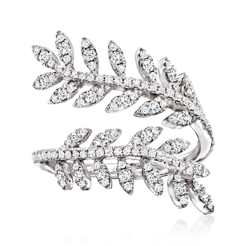 14kt white gold diamond leaf bypass ring with clustered marquise stones