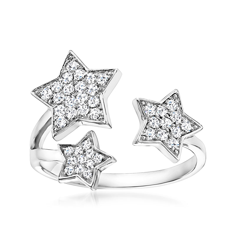 14kt white gold three-star diamond ring with three star-shaped clusters